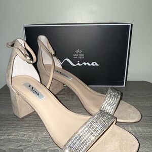 Nina Women's Beige Block Heel Sandals with Rhinestones